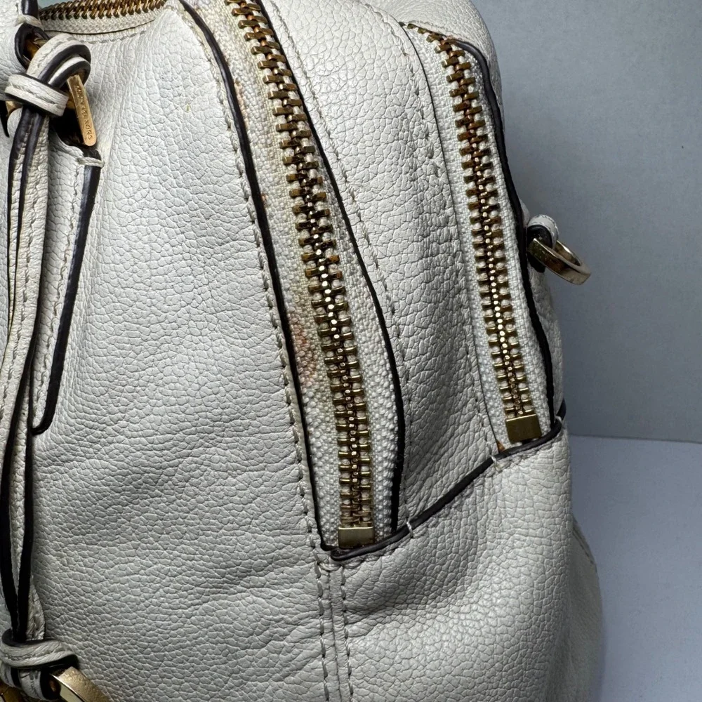 Michael Kors Double Zip Top Handle Satchel Handbag Cream Pebbled Leather & Strap